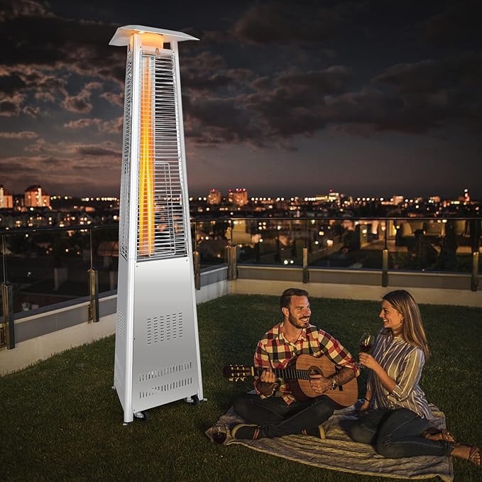 Giantex Portable Patio Heater, 42,000 BTU Pyramid Stainless Steel Outdoor Patio Heater w/ Simple Ignition System and Wheels, Outdoor Heater with Tip-Over & Flameout Protection for Backyard, Garden (Silver)
