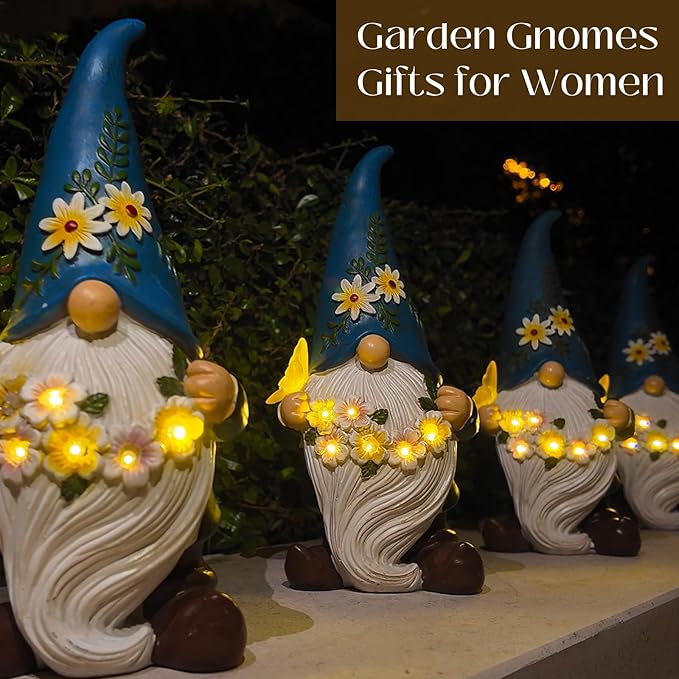 DKJOCKY Gnome Garden Decor Statue with Solar Light Lantern, Funny Waterproof Resin Figurine Outdoor Decorations for Yard Patio Lawn Balcony Porch, Birthday Gifts for Women Mom Grandma