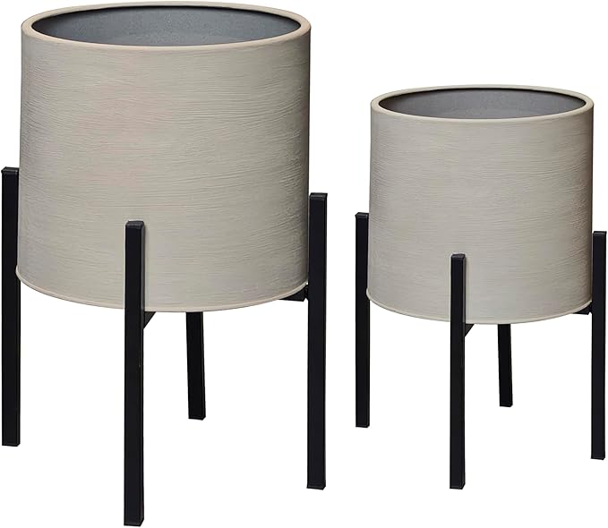 ARNIS Modern Plant Pots, Set of 2 Large Planters with Stand, Decorative Planters, Metal Pots with Drainage Holes for Living Room, Office, Garden or Balcony, 8.25 &10.5 Inch, Grey
