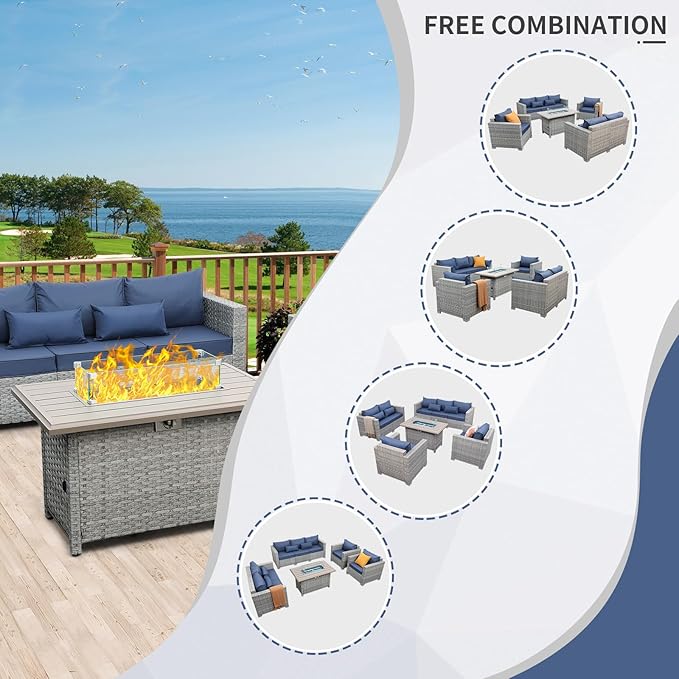 WAROOM Patio Furniture Set 5 Piece Outdoor Furniture with Fire Pit Table, Grey Wicker Sectional Sofa Couch Sets Backyard Deep Seating PE Rattan Chairs with Navy Blue Cushion