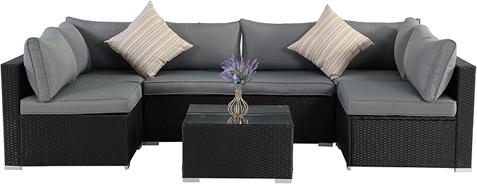 7 Pieces Black Patio Furniture Set - All-Weather Outdoor Sectional Wicker Conversation Sofa, Rattan Patio Seating Sofa Set with Grey Cushions and Glass Table for Porch Poolside