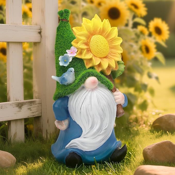 Solar Gnome Statue Outdoor Decor,Gnome Figurines with Glowing Sunflower LED Light Decoratons,for Garden Patio Yard Lawn Balcony,Housewarmng Christmas Fairytale Gifts for Women Mom Grandma