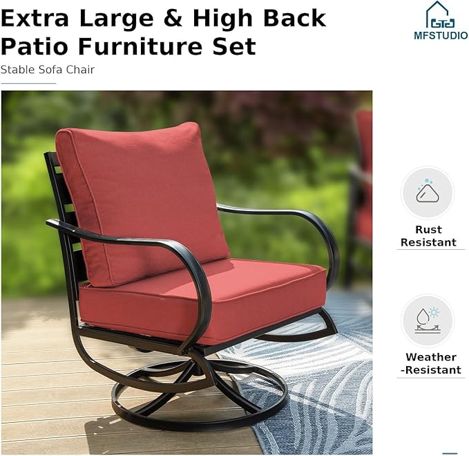 MFSTUDIO 5 Pieces Patio Conversation Sets, 7 Seats Metal Patio Furniture Sets with 1 x 3-Seat Sofa, 2 x Sofa Chairs, 2 x Ottoman, All Weather Steel Patio Sets with 5.75inch Red Cushion for Garden
