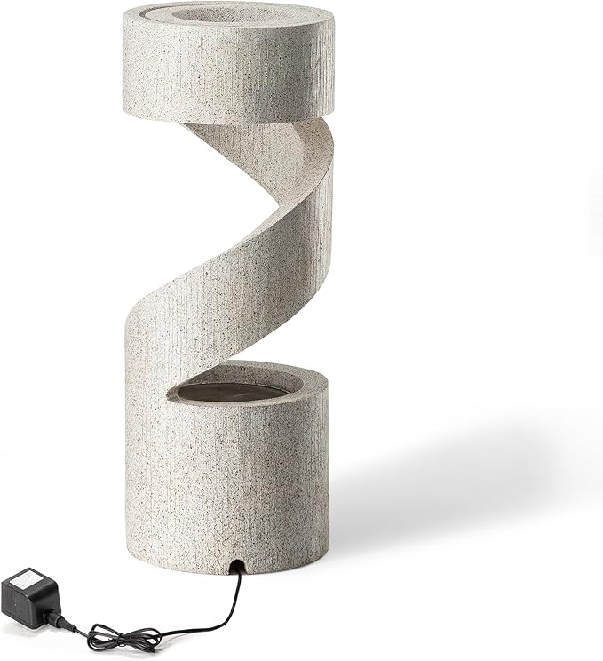 Glitzhome Outdoor Water Fountain with LED Light, Spiral Tiered Water Fountain Outdoor with Stone Planter, Modern Curved Waterfalls Feature Fountains for Garden Patio Porch, 31.3”H
