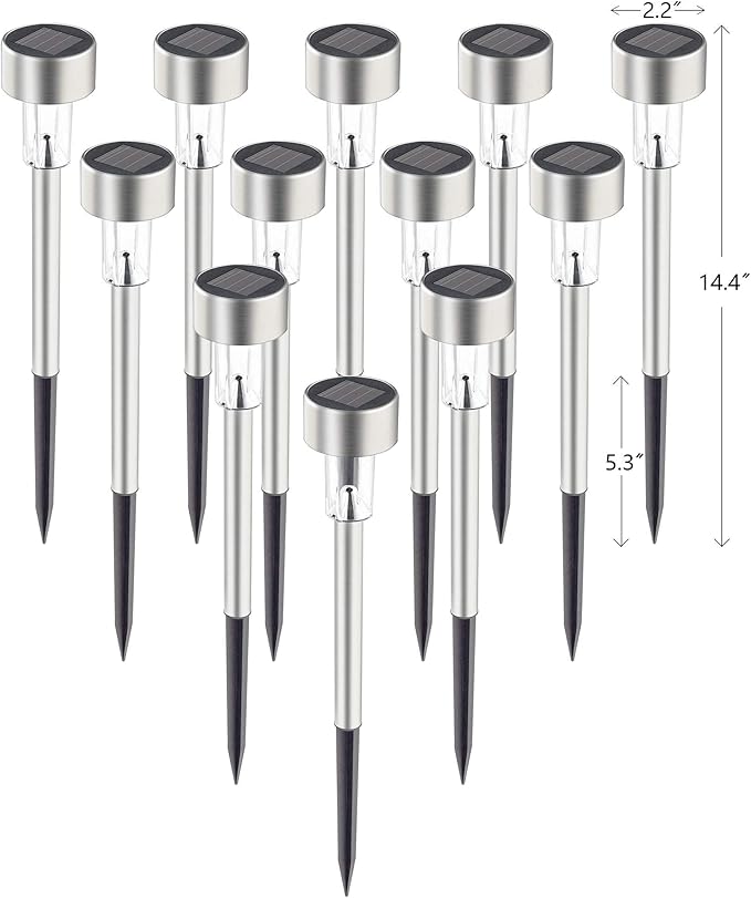GIGALUMI Solar Pathway Lights, Stainless Steel IP44 Waterproof Auto On/Off Outdoor LED Solar Landscape Lights for Garden, Yard, Patio, Path and Walkway(12 Pack, Cold White)