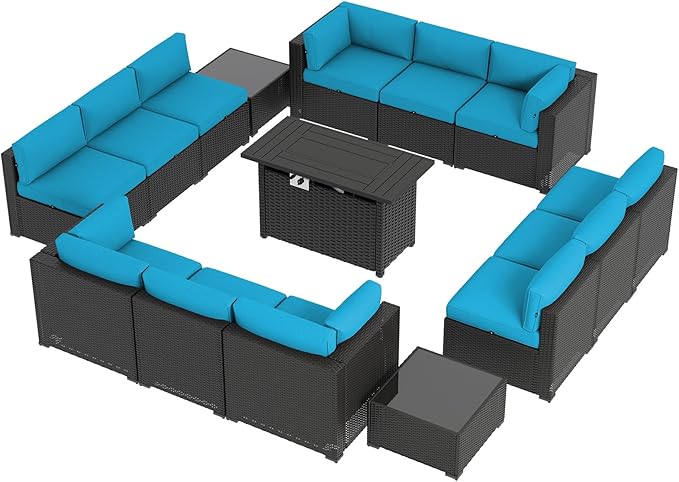 Aoxun 15 Piece Patio Furniture Set with 44” Fire Pit Table, Wicker Rattan Patio Sectional Sofa, Outdoor Furniture Set with Thickened Cushion, Light Gray