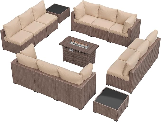 Aoxun 15 Piece Patio Furniture Set with 44” Fire Pit Table, Wicker Rattan Patio Sectional Sofa, Outdoor Furniture Set with Thickened Cushion, Light Gray