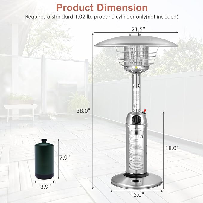 Giantex Outdoor Propane Patio Heater, 11,000 BTU Portable Tabletop Heater w/Weighted Base, Stainless Steel, Adjustable Thermostat, Electric Heater for Backyard, Garden, Commercial Restaurant, Silver