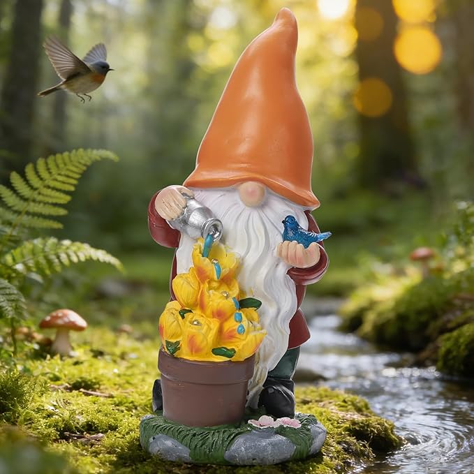 Solar Gnome Statue Outdoor Decor,Gnome Figurines with Flower LED Light for Garden Decorations for Patio Lawn Balcony Fairy Gardens,Housewarming Gifts for Women Mom