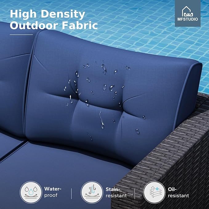MFSTUDIO 4 Piece Wicker Patio Furniture Set, L Shaped Small Rattan Patio Sectional Sofa Couch Outdoor Conversation Sets with Navy Blue Cushions, Storage Box, Glass Coffee Table for Garden, Backyard