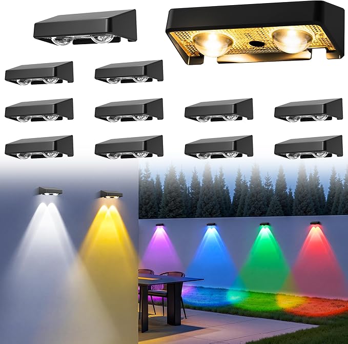 Solar Fence Lights Outdoor 12 Pack, 50 LM 11 Modes & 9 Colors Solar Lights with Brighter LED Focus Lens Waterproof IP65 for Wall Backyard Deck Patio Porch Step Railings Pool Decor