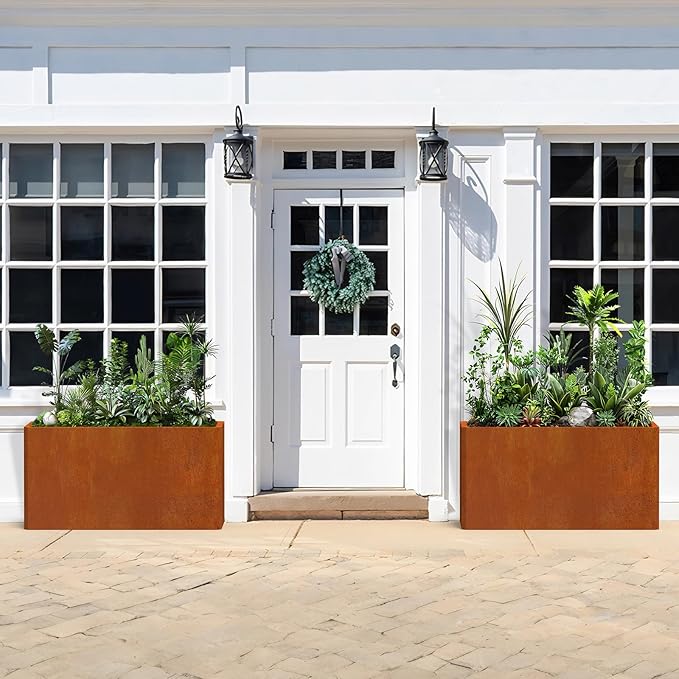 Co rten Steel Planters - 25x11x13H Inch, Rectangular Planter for Patio, Garden, Porch - Brown