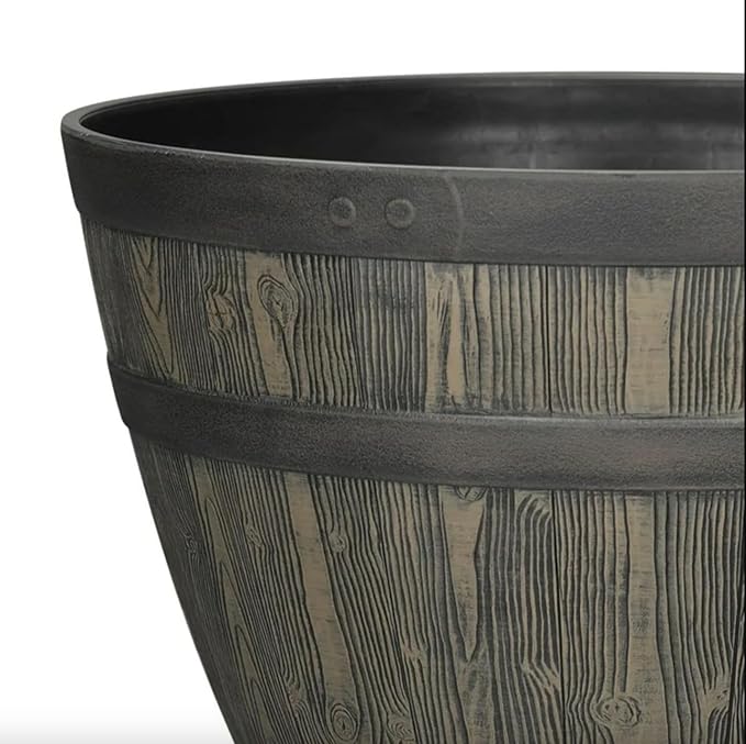 Rustic Whiskey Barrel Planter 19.9 Inch - Durable Plastic - Indoor/Outdoor Decor - Easy Knock-Out Drainage Holes - Lightweight & Frost Proof