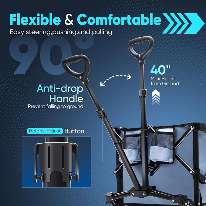 Sekey Collapsible Foldable Wagon with 330lbs Weight Capacity, Heavy Duty Folding Wagon Cart with Big All-Terrain Wheels & Drink Holders. Blue - Image 6