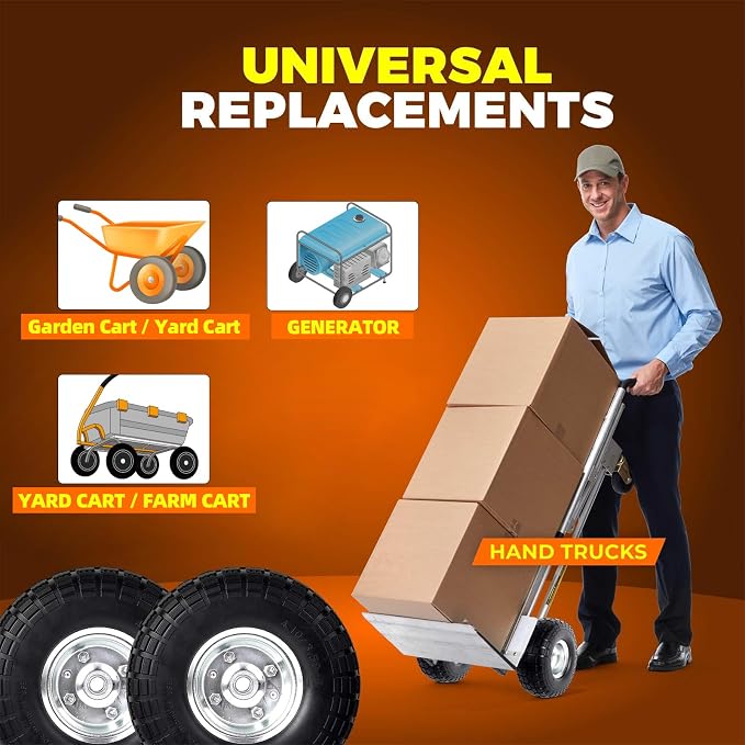 AR-PRO (2-Pack) 10-Inch Solid Rubber Tire Wheels - Replacement 4.10/3.50-4" Flat Free Tire with 5/8" Bearings, 2.2" Offset Hub - Compatible with Hand Truck, Wheelbarrow, Dolly, Gorilla Carts - Image 6