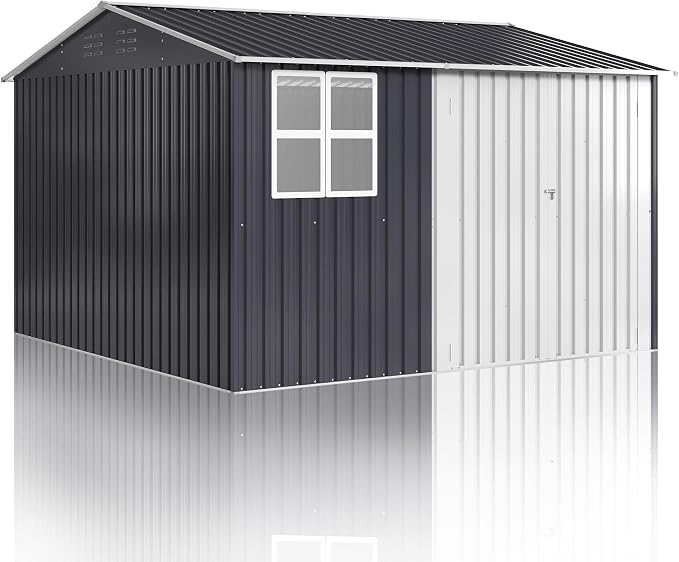 DAUSOLA 10x10 FT Outdoor Storage Shed, Metal Garden Tool Shed with Updated Frame Structure, Lockable Doors and Windows, Ideal for Backyard Garden Patio Lawn, Grey - Image 8