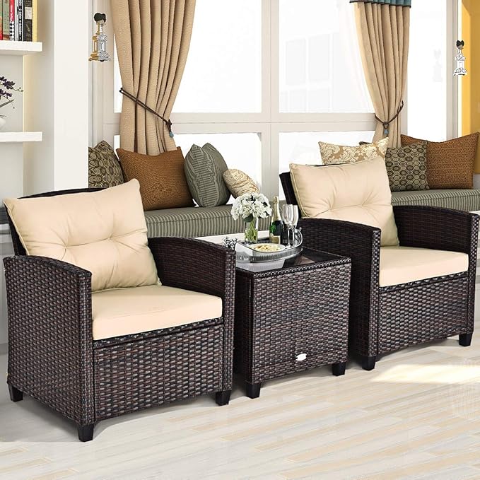 RELAX4LIFE 3 Piece Patio Furniture Set, Wicker Bistro Conversation Set w/ 2 Cushioned Armchairs & Glass Topped Table, Outdoor Rattan Sofa Set Patio Furniture for Porch Balcony Poolside (Beige)