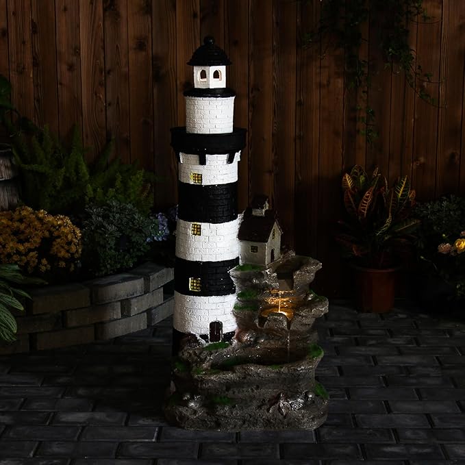 YZM 38.58" H Lighthouse Floor Waterfall Fountain with LED Lights 3-Tiered Rock Water Fountain Outdoor Garden for Patio Backyard Home Decor