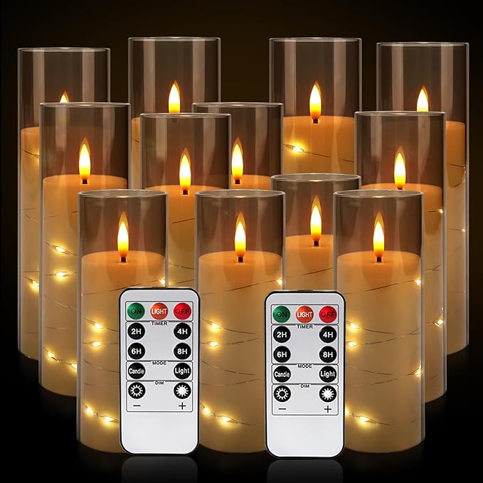 Flickering Flameless Candles Battery Operated with Remote,Led Pillar Candles with Realistic Moving Wick Candles for Halloween,Christmas,Home Decor Pack of 12 (D2.2 xH 5" 6" 7")(Grey)