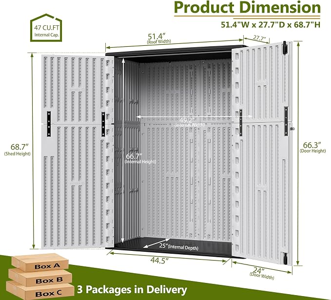 ZZM 57 Cu.ft Outdoor Storage Shed HDPE Storage Cabinet, Double-Wall Resin Sheds with Floor Vertical Lockable Sheds Garden Tools Trash Can, Lawn Mower, Patio Storage, Waterproof, All Black - Image 5