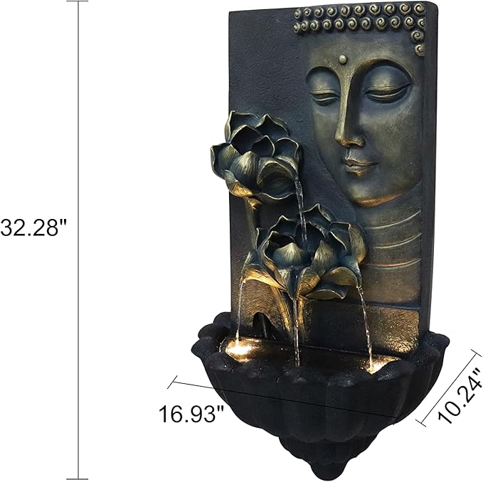 Cheng Pin Cascading Lotus Buddha Statue Zen Water Fountain with LED Lights & Pump Best for Wall Decor, Flowing Water Create Relaxing Atmosphere for Home, Patio,Garden, Backyard,32.3'' Tall