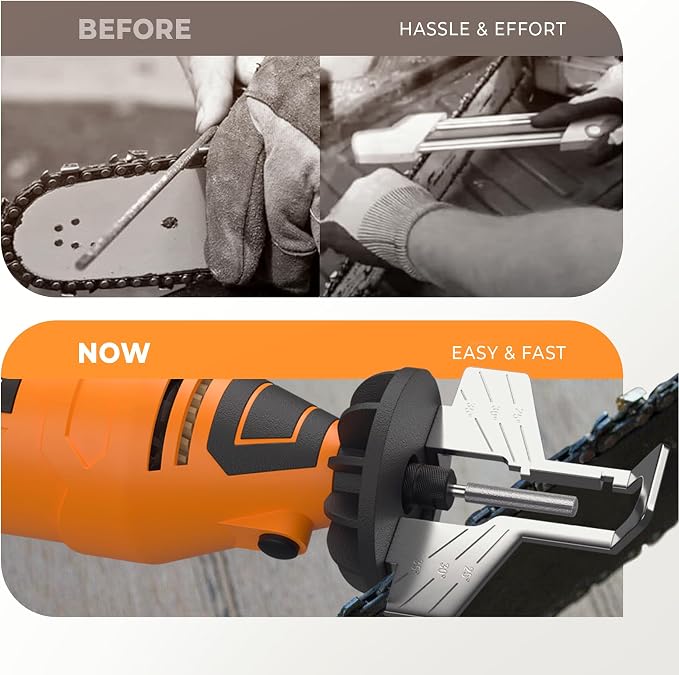 Sharp Pebble Electric Chainsaw Sharpener Kit - Comes with Chain Saw Sharpener Tool, 4 File Size Sharpening Wheel Bits, Angle Attachment, Wrench & eBook - Image 8
