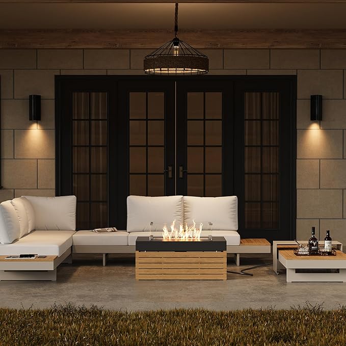 homary Patio Conversation Sets with Fire Pit-Modular Outdoor Sofa Aluminum & Teak Outdoor Sofa Se with Glass Wind Guard Ideal for Patios & Balconies, Light Gray