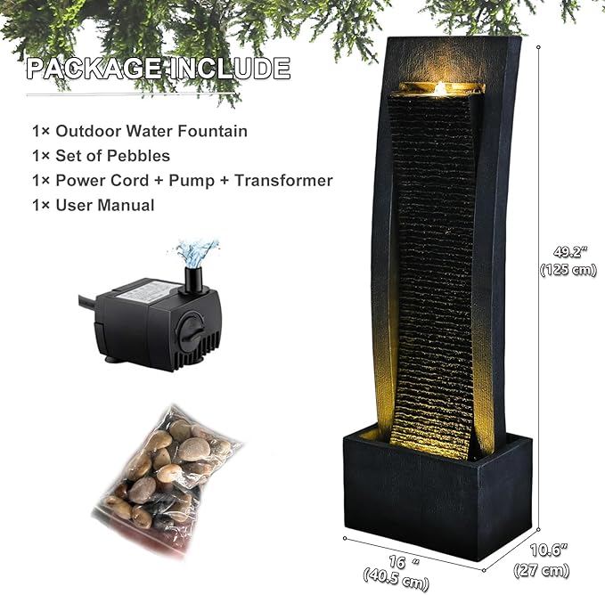 Water Fountain Outdoor Curved Faux Slate Waterfall Feature Freestanding Fountains Indoor Floor Standing Water Fountainswith LED Lights, Pump, Natural Stones for Garden, Patio