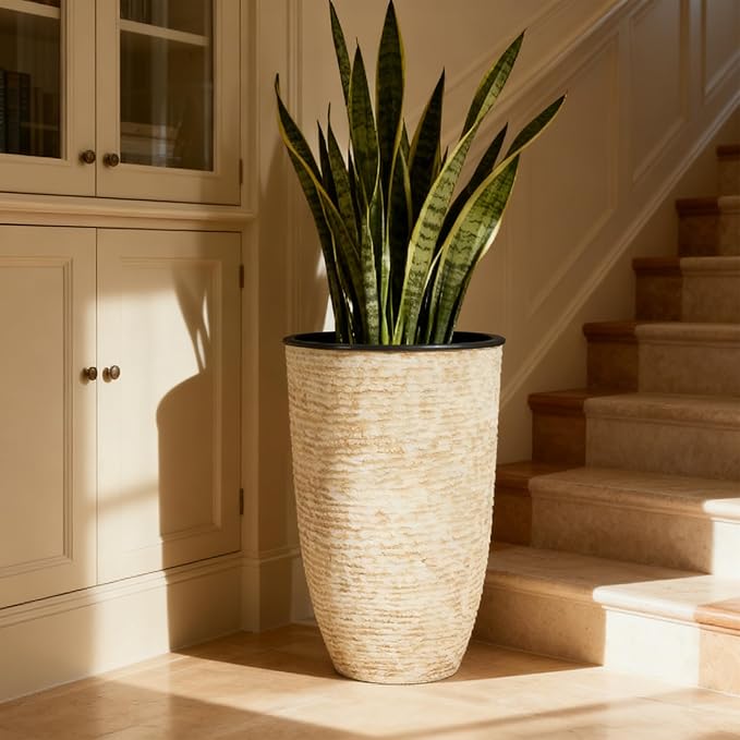 Worth Garden 21" H Beige Tall Planters set of 2 with Inside Pots - 14'' Dia Plastic Large Round Plant Tree Pots with Drain Hole - Decorative Imitation Stone Finish for Indoor Outdoor Front Porch Patio