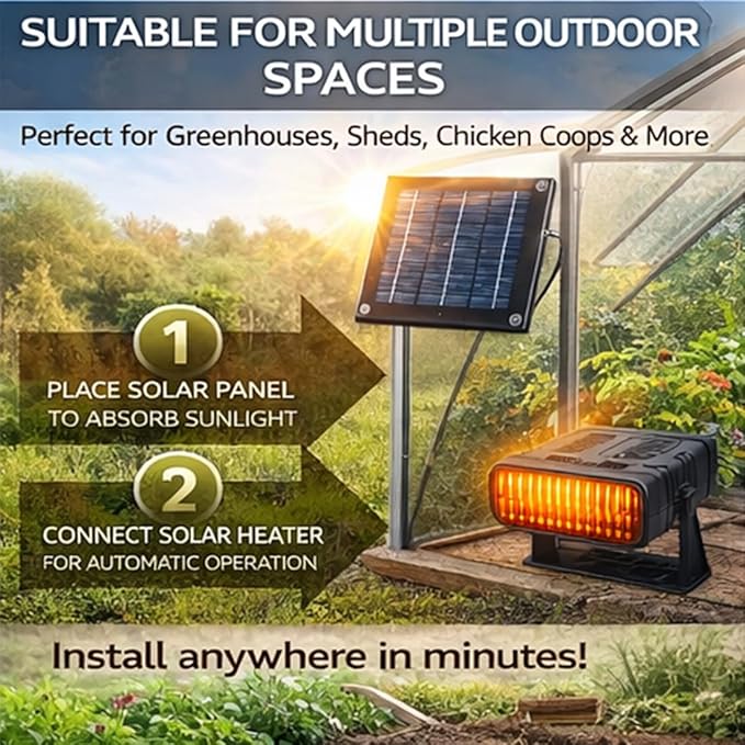 Solar Heater for Greenhouse, Solar Heater for Chicken Heater, Solar Powered Heater for Outdoor Use, Dog House, Shed, Pet Shelter - Smart Thermostat, Weather-Resistant, Easy Mount (Black-20W)