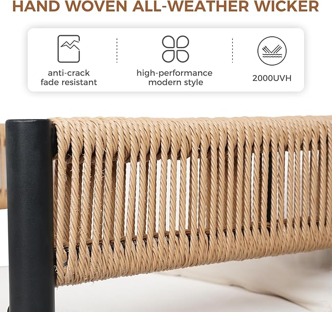 Grand patio Outdoor Dining Set for 6, 7PCS Patio Table and Chairs Set, Metal Woven Wicker Swivel Patio Chairs with Thickened Cushions & Rectangular Woodgrain Dining Table with Umbrella Hole (Natural) - Image 8