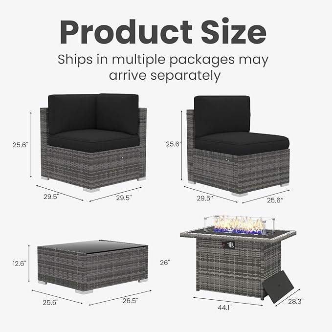 15 Pieces Patio Furniture Set with 44" Propane Gas Fire Pit Table, Outdoor Sectional Wicker Conversation Sofa Sets with Coffee Table