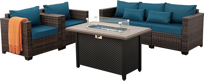 4 Pieces Outdoor Patio Furniture Set 43 In Outdoor Fire Pits Wicker Outdoor Furniture Chairs and Sofa 60000 BTU Outdoor Propane Fire Pit Table Non-Slip Cushions and Waterproof Covers, Peacock Blue