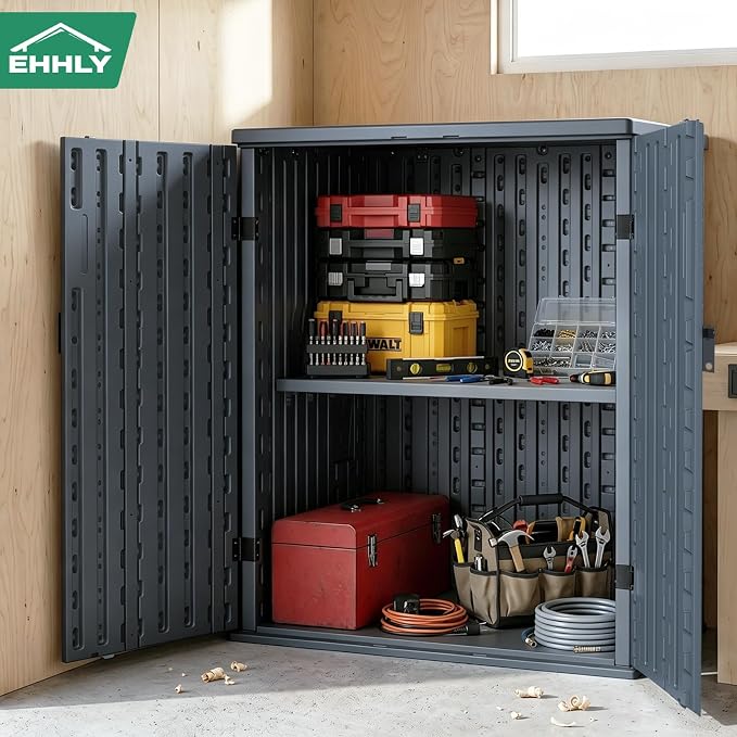 EHHLY Heavy Duty Small Storage Cabinet Outdoor Weatherproof, 14 Cuft Garage Storage Cabinet with 2 Adjustable Shelves, Lockable Kitchen Pantry Closer Organizer, 31Wx23Lx34H, Sage Grey - Image 9