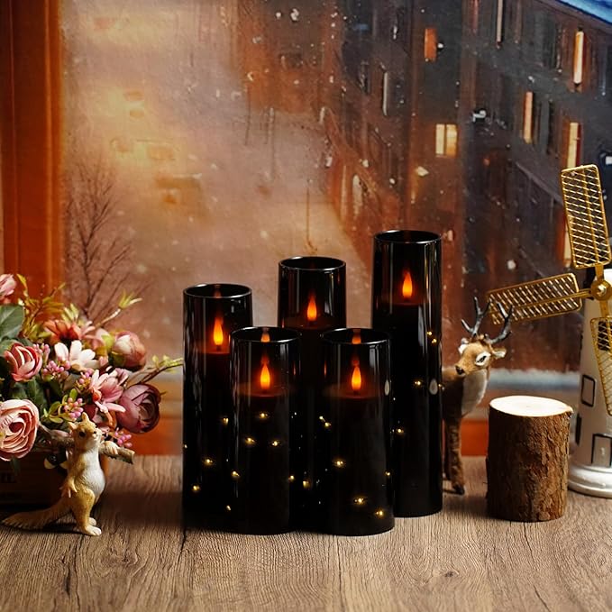 Flameless LED Candles with Timer 5 Pc Flickering Flameless Candles for Romantic Ambiance and Home Decoration Stable Acrylic Shell,with Embedded Star String,Battery Operated Candles(Black)