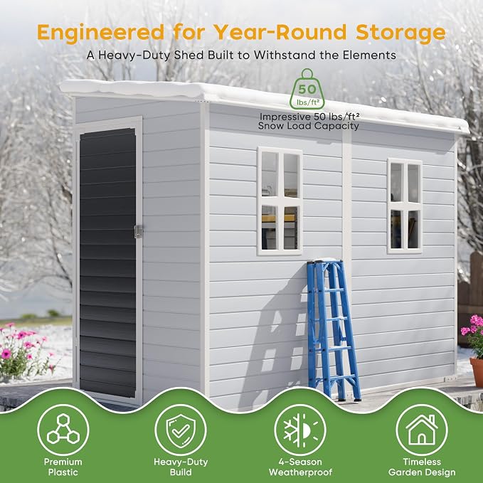 WACASA 4x8 FT Outdoor Storage Shed with Floor, 21-Gauge Reinforced Steel Frame & 16mm Thickened Resin Walls, Space-Saving Lean-to Tool House with 2 Windows & Lockable Single Door for Side Yard - Image 9