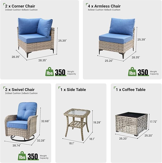 10 Piece Outdoor Patio Furniture with Swivel Rocking Chair, Rattan Wicker Conversation Set with Glowing Coffee Table, Sectional Single Chairs for Porch Balcony Backyard Pool,Light Blue