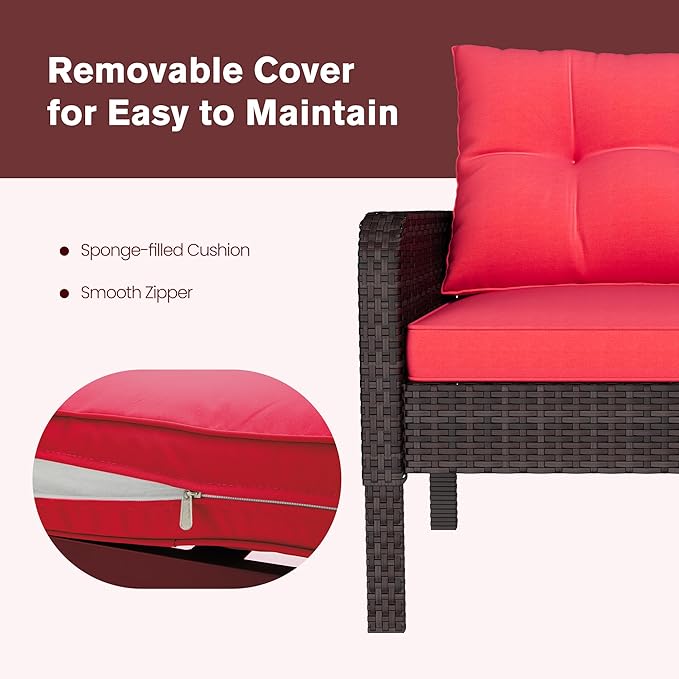 U-MAX Outdoor 5 Pieces Patio Furniture Set, PE Rattan Wicker Chairs with Ottoman and Table, Bistro Set for Front Porch, Garden, Backyard, Balcony, Brown/Red