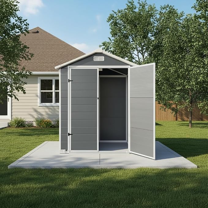 YOPTO 6x4 FT Plastic Storage Shed,Outdoor Storage Shed with Floor and Lockable Door,Waterproof Garden Shed W/Windows & Vents,Sloped Roof,Tool House for Storing Bicycles,Lawnmowers,Gray - Image 13