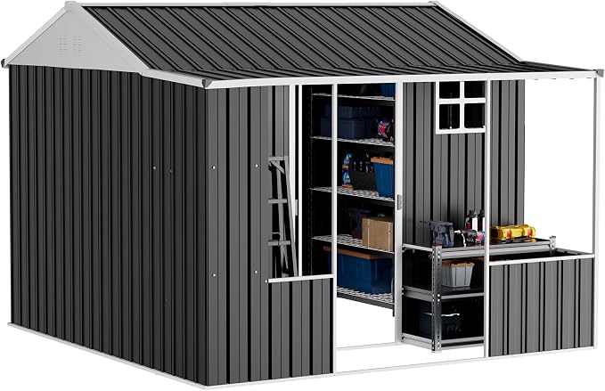 VanAcc 9x9x7 FT Metal Storage Shed, Dual-Zone Tool Shed with Work Area, Reinforced Frame, Gable Roof, Ventilated Design, Dark Grey - Image 8