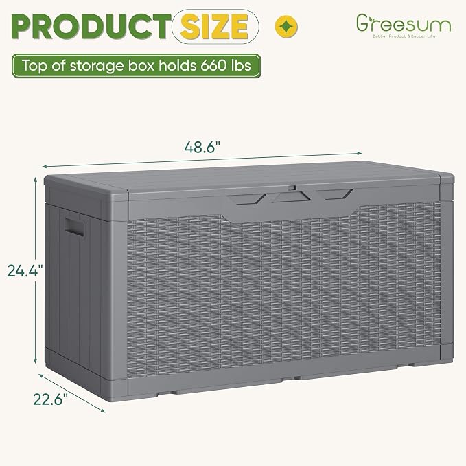 Greesum Outdoor Storage Box 100 Gallon Storage Bin with Lid for Patio Furniture, Garden Tools, Pool Supplies, Lockable, Waterproof and UV Resistant, Gray - Image 7