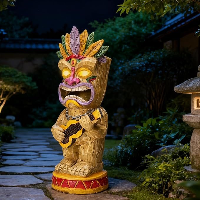 Solar Tiki Garden Statue with LED Eyes Outdoor Resin Ukulele Player Yard Decor Solar Light Hawaiian Style Lawn Ornament for Patio Porch Tiki Bar Decor Best Gift for Tiki Lovers