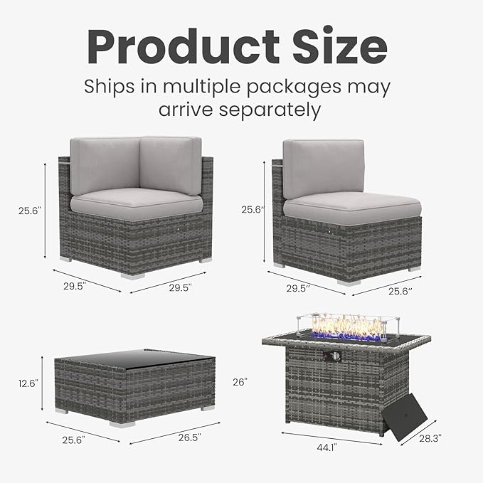 8 Pieces Patio Furniture Set with 44" Propane Gas Fire Pit Table, Outdoor Sectional Wicker Conversation Sofa Sets with Coffee Table