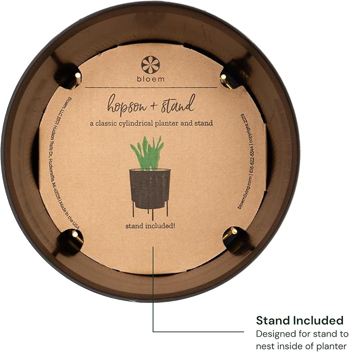Bloem Hopson Decorative Resin Cachepot with Metal Stand, 14" Indoor and Outdoor Planter with Gold Metal Stand, Black