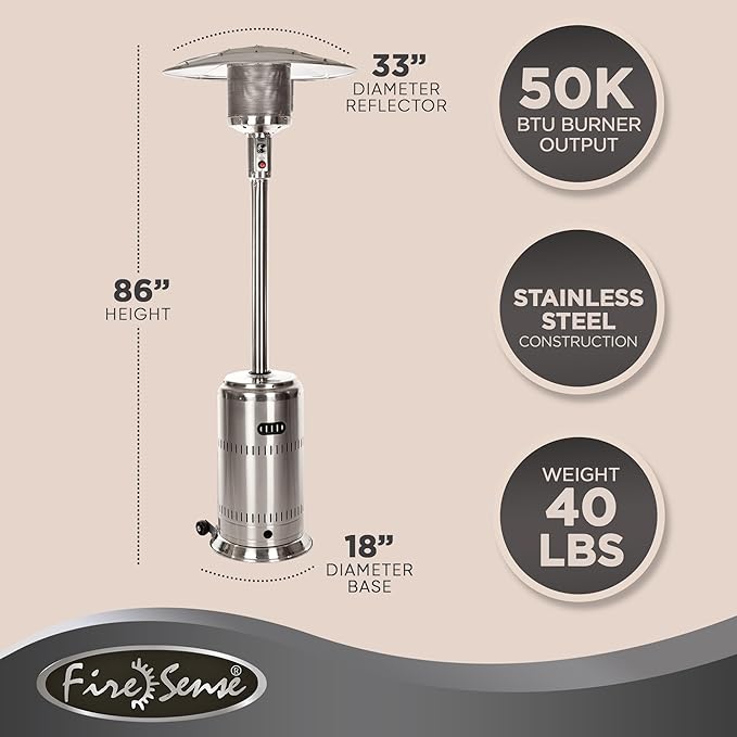 Fire Sense 01775 Performance Series Patio Heater With Wheels 50,000 BTU Output Electronic Ignition System Portable Outdoor Propane Heater - Unpainted Stainless Steel