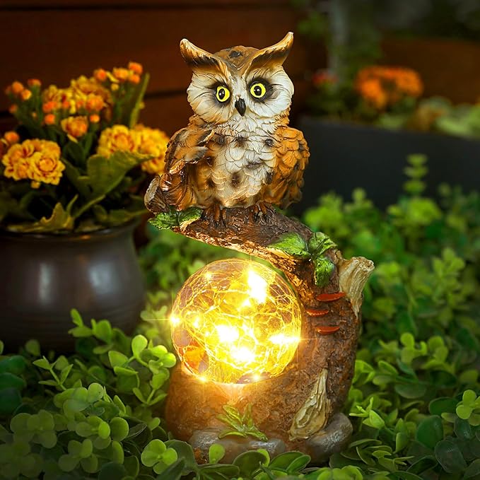 Solar Garden Outdoor Statues, Owl Garden Statue with Solar Glass Ball Light Lantern Outdoor Decor, for Lawn,Yard, Unique Housewarming Gift for Women Mother Mom