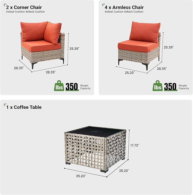 7 Piece Outdoor Patio Furniture with Glowing Coffee Table, Rattan Wicker Conversation Set with Sofa, Sectional Single Chairs for Outside Porch Balcony Backyard Pool,Orange