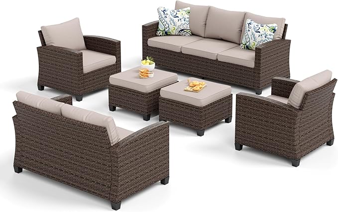 Patio Furniture Set Outdoor Furniture Brown Wicker Rattan Patio Conversation Sets with Cushion Outside Sofa Set,6 Pieces 9 Seats,Beige