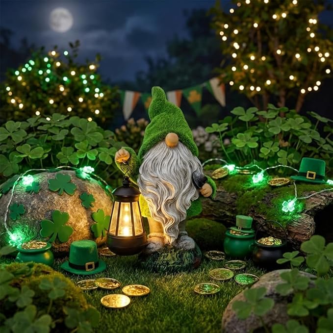 TERESA'S COLLECTIONS Christmas Outdoor Statue for Home, Resin Gnome Decorations with Solar Outdoor Lights for Garden Decor,Green Garden Sculptures & Statues for Front Patio Lawn, Gifts for Mom,12"