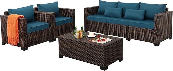 Outdoor Patio Furniture Set 4 Pieces Wicker Outdoor Furniture Chairs and Sofa Patio Storage Table Non-Slip Cushions and Waterproof Covers, Peacock Blue